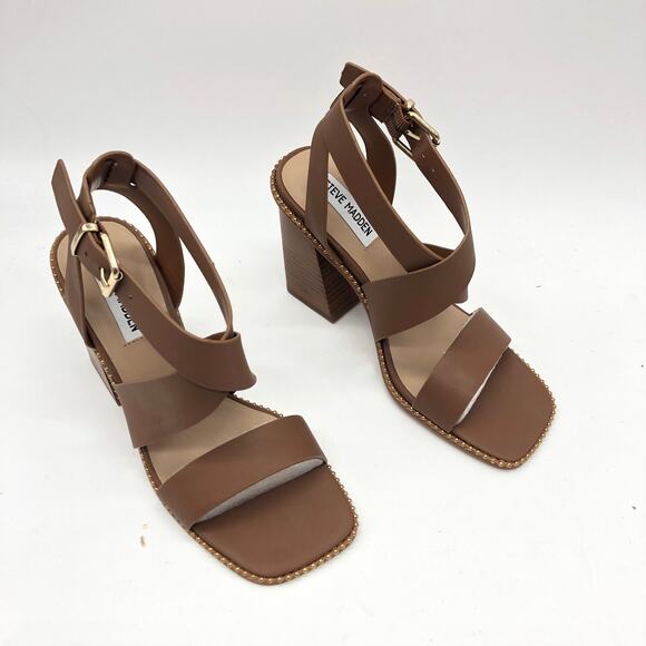 Steve Madden Womens Lighten Platform Sandal Leather Buckle Cognac 7 New - Picture 1 of 10
